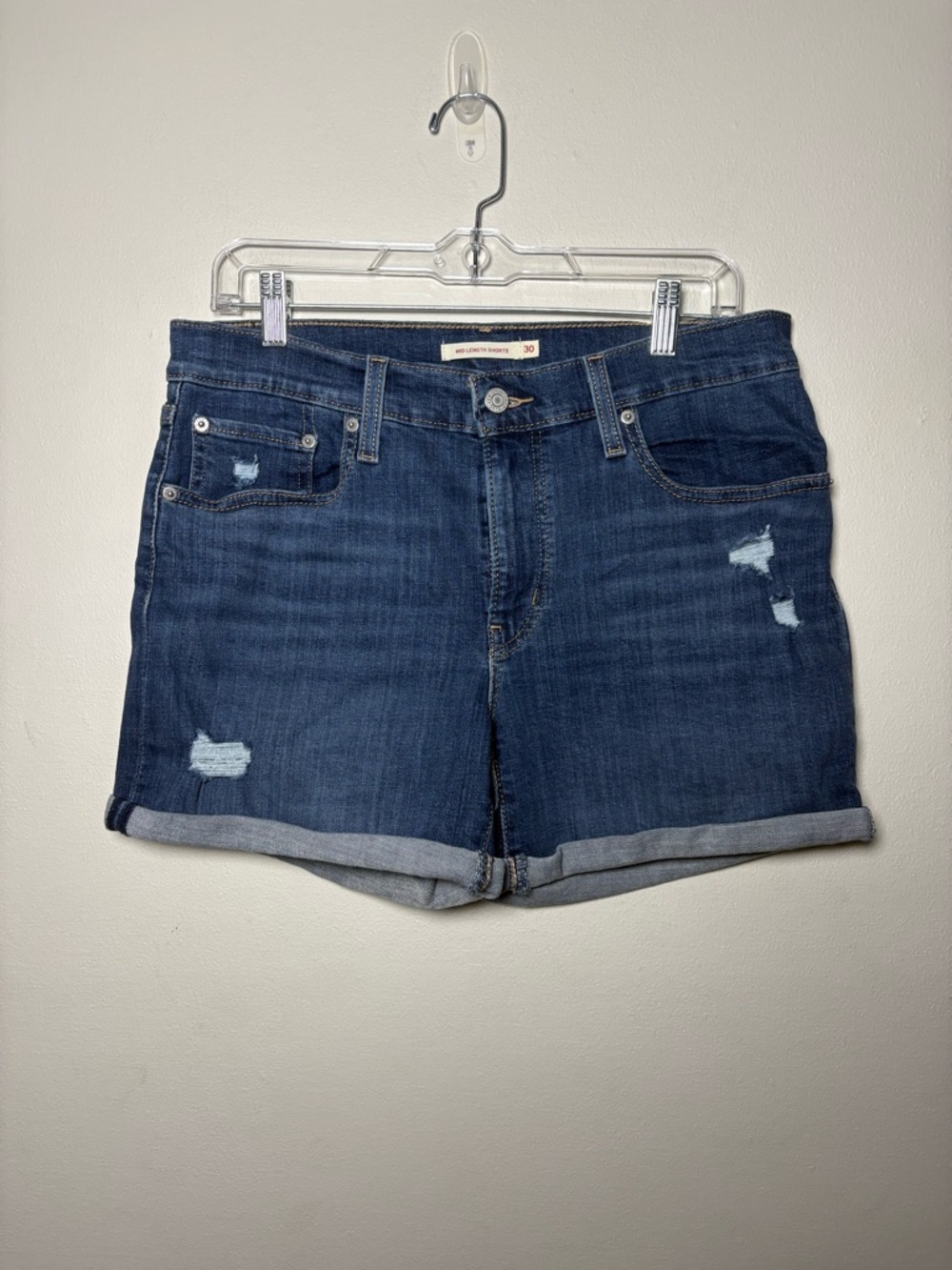 Levi’s Dark Blue Denim Roll-Cuff Mid Length Shorts Distressed Summer Size 30